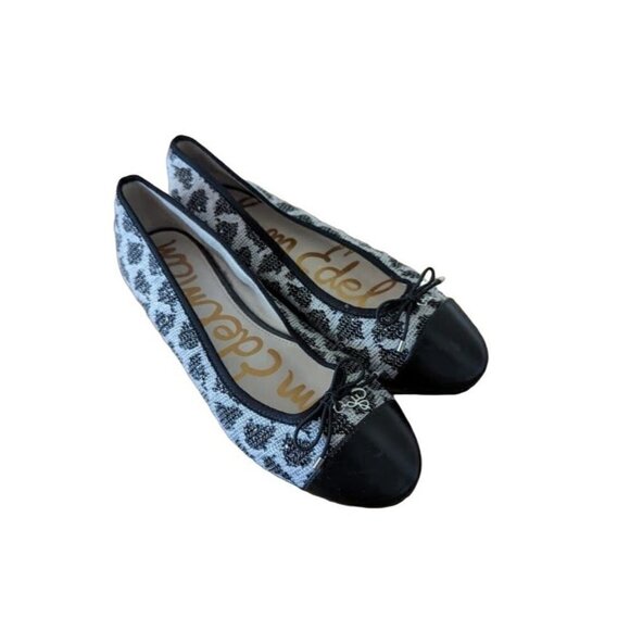Sam Edelman Sara Black Leather Sequence Leopard Print Captoe Flat Shoes Women's - Picture 2 of 9